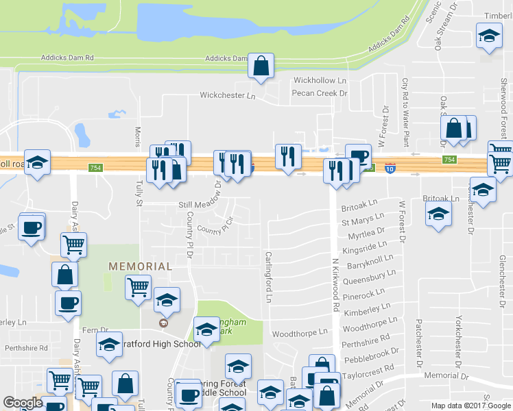 map of restaurants, bars, coffee shops, grocery stores, and more near 14111 Lost Meadow Lane in Houston