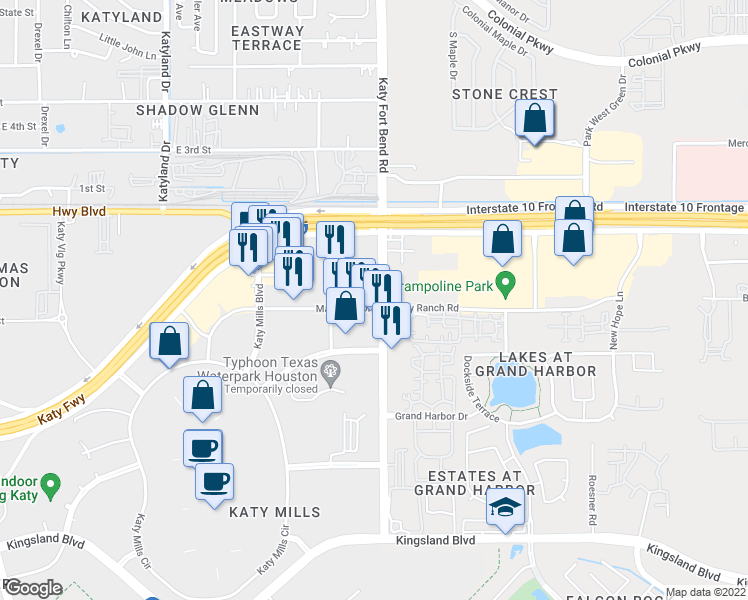 map of restaurants, bars, coffee shops, grocery stores, and more near 21504 Market Place Drive in Katy