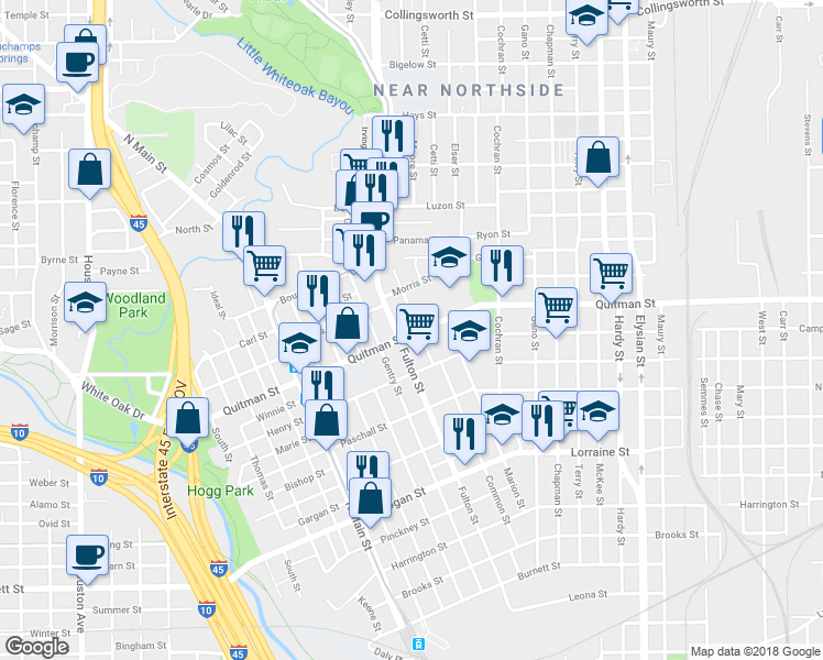 map of restaurants, bars, coffee shops, grocery stores, and more near 1107 Quitman Street in Houston