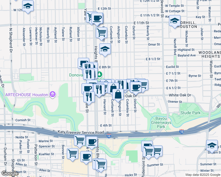 map of restaurants, bars, coffee shops, grocery stores, and more near 625 Cortlandt Street in Houston