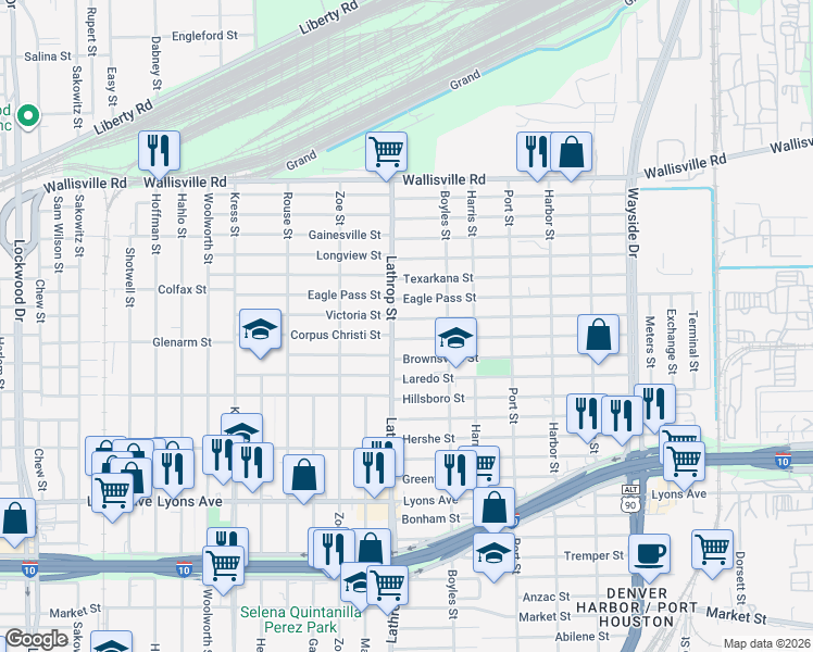 map of restaurants, bars, coffee shops, grocery stores, and more near 345 Lathrop Street in Houston