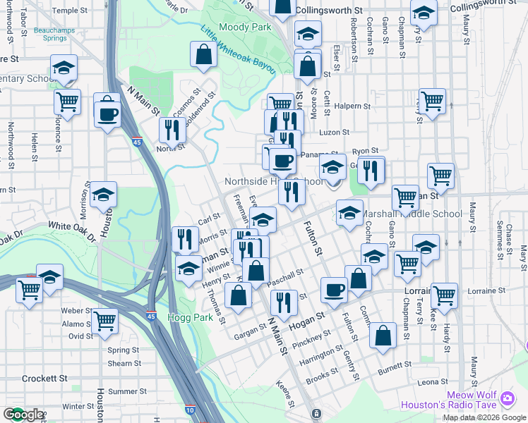 map of restaurants, bars, coffee shops, grocery stores, and more near 2324 Everett Street in Houston