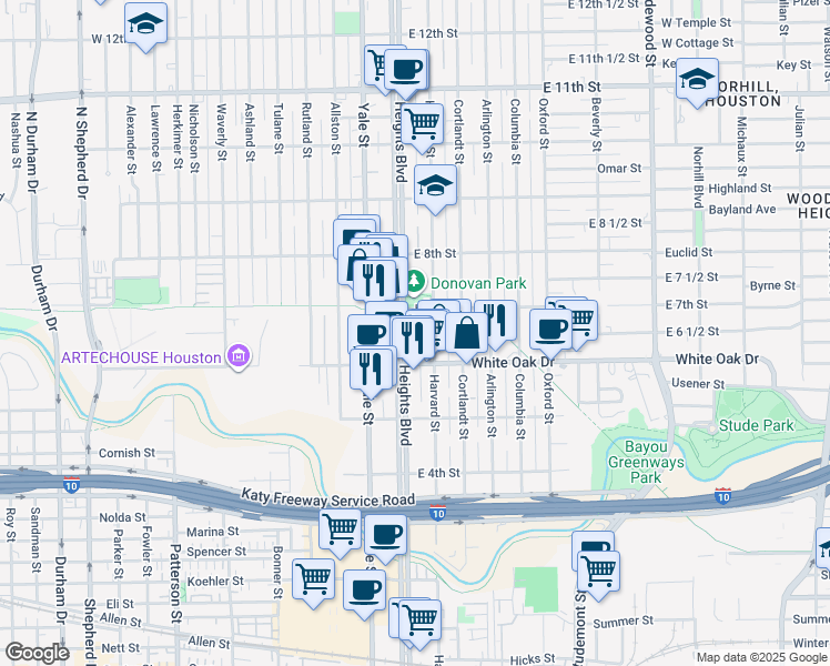 map of restaurants, bars, coffee shops, grocery stores, and more near 602 Heights Boulevard in Houston