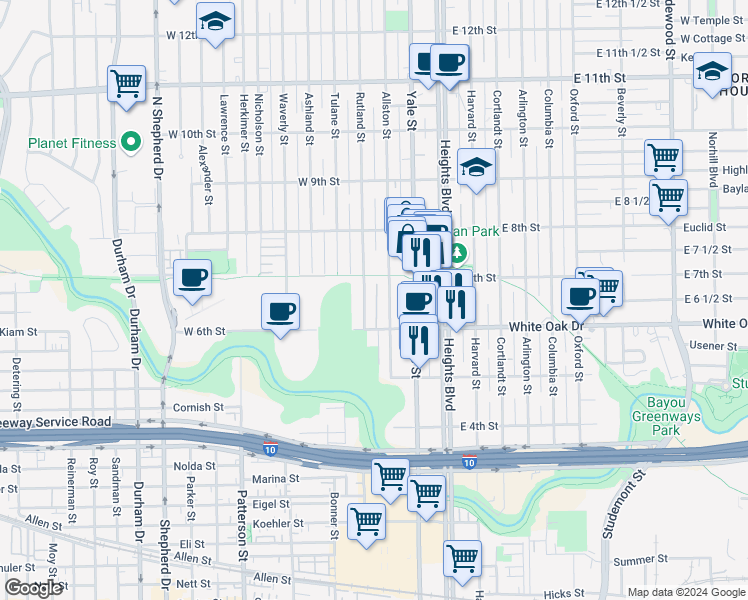 map of restaurants, bars, coffee shops, grocery stores, and more near 625 Allston Street in Houston
