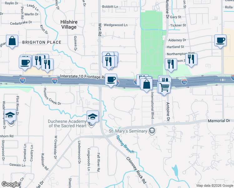 map of restaurants, bars, coffee shops, grocery stores, and more near 50 Saddlebrook Lane in Houston