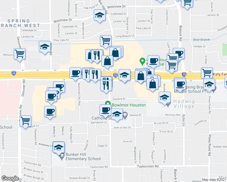 map of restaurants, bars, coffee shops, grocery stores, and more near 970 Bunker Hill Road in Houston