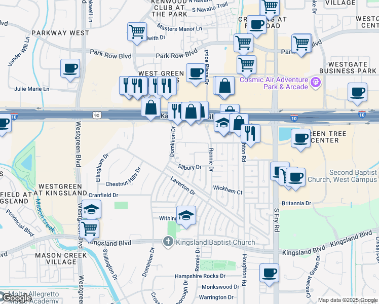 map of restaurants, bars, coffee shops, grocery stores, and more near 333 Dominion Drive in Katy