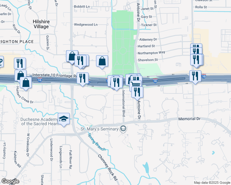 map of restaurants, bars, coffee shops, grocery stores, and more near 7951 Katy Freeway in Houston