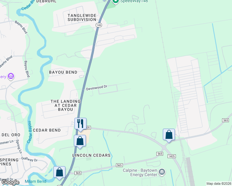map of restaurants, bars, coffee shops, grocery stores, and more near 10418 Lauren Creek Drive in Baytown