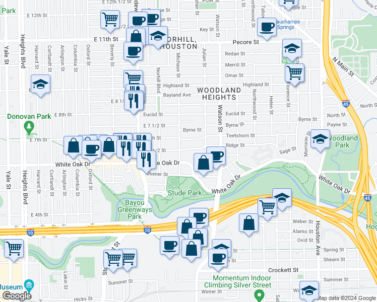 map of restaurants, bars, coffee shops, grocery stores, and more near 938 Ridge Street in Houston