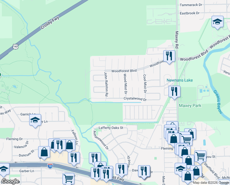 map of restaurants, bars, coffee shops, grocery stores, and more near 623 Slumberwood Drive in Houston