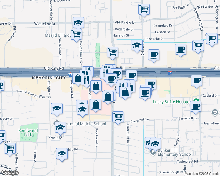 map of restaurants, bars, coffee shops, grocery stores, and more near 929 Gessner Road in Houston