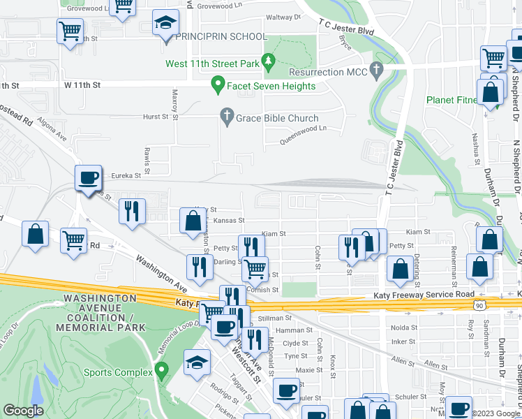 map of restaurants, bars, coffee shops, grocery stores, and more near 5725 Arabelle Lake Street in Houston