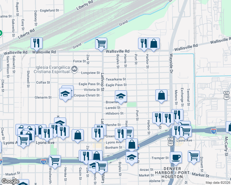 map of restaurants, bars, coffee shops, grocery stores, and more near 7018 Victoria Street in Houston