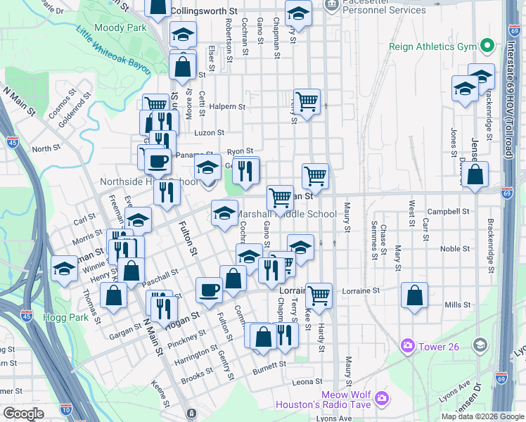 map of restaurants, bars, coffee shops, grocery stores, and more near 2305 Gano Street in Houston