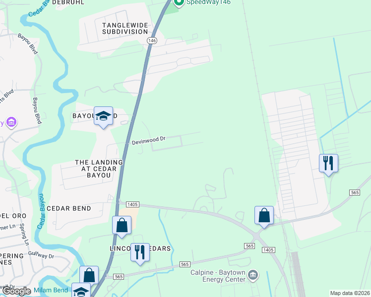 map of restaurants, bars, coffee shops, grocery stores, and more near 10418 Lauren Creek Drive in Baytown