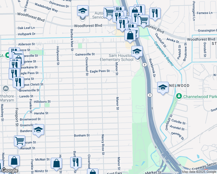 map of restaurants, bars, coffee shops, grocery stores, and more near 14523 Brownsville Street in Houston