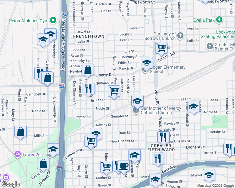 map of restaurants, bars, coffee shops, grocery stores, and more near 2218 Pannell Street in Houston