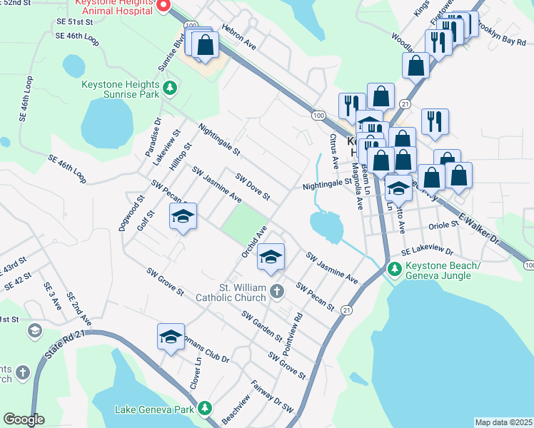 map of restaurants, bars, coffee shops, grocery stores, and more near 560 Orchid Avenue in Keystone Heights