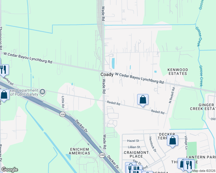 map of restaurants, bars, coffee shops, grocery stores, and more near 5522 Wade Rd in Baytown