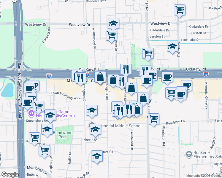 map of restaurants, bars, coffee shops, grocery stores, and more near 10225 Katy Freeway in Houston