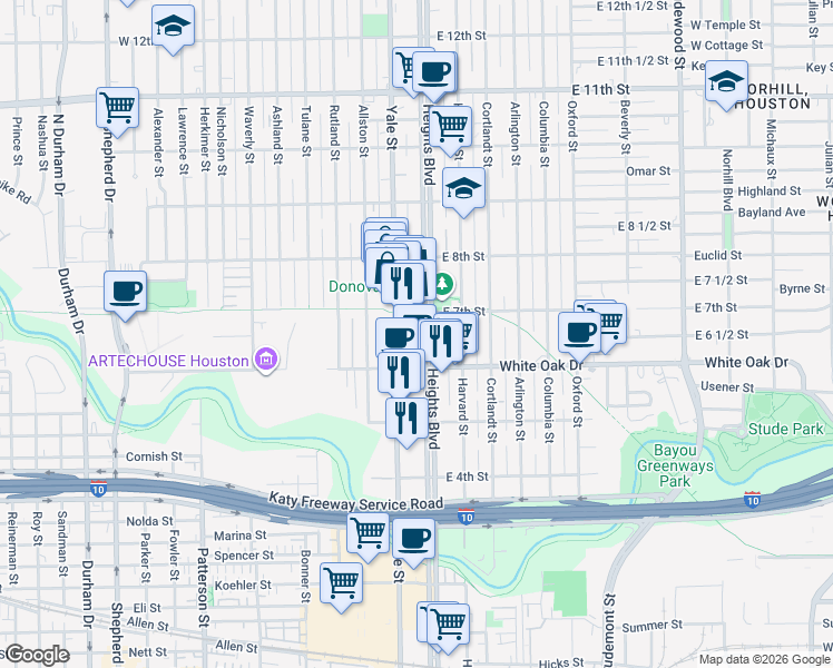 map of restaurants, bars, coffee shops, grocery stores, and more near 620 Yale Street in Houston