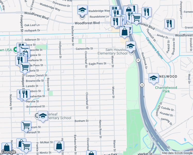 map of restaurants, bars, coffee shops, grocery stores, and more near 14437 Brownsville Street in Houston