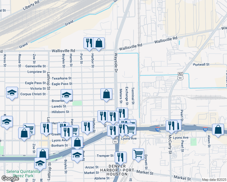 map of restaurants, bars, coffee shops, grocery stores, and more near 2002 North Wayside Drive in Houston