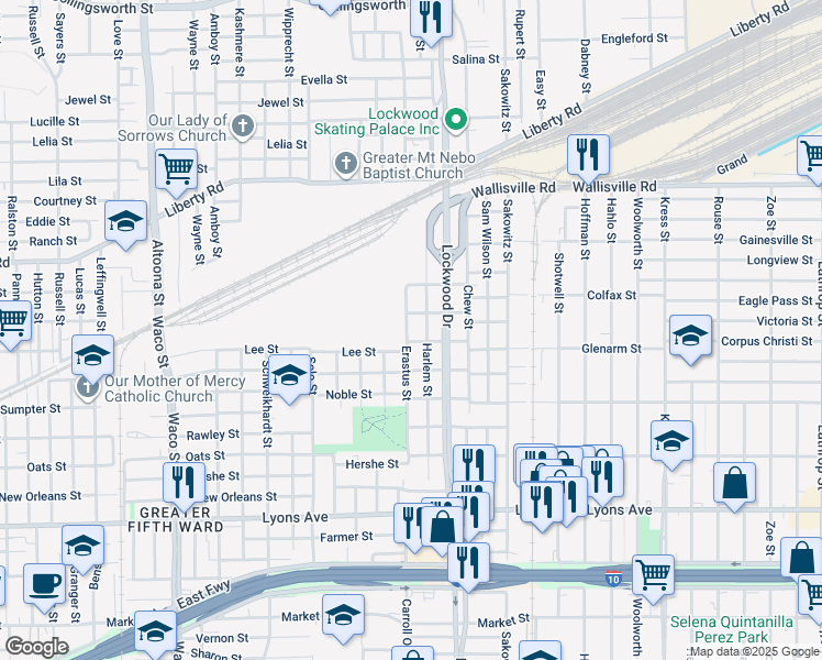 map of restaurants, bars, coffee shops, grocery stores, and more near 2308 Erastus Street in Houston