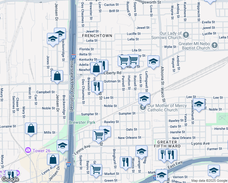 map of restaurants, bars, coffee shops, grocery stores, and more near 2218 Bringhurst Street in Houston