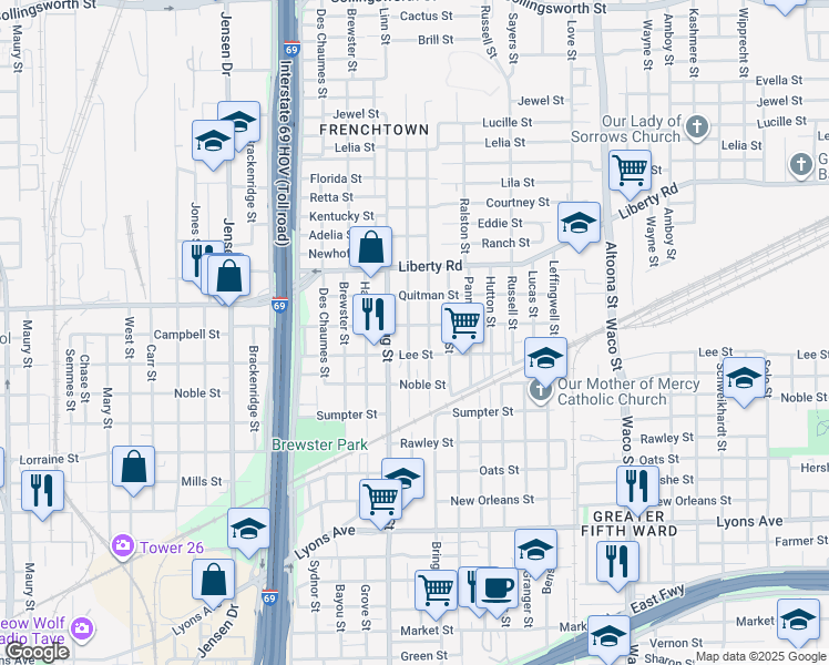 map of restaurants, bars, coffee shops, grocery stores, and more near 2216 Gregg Street in Houston