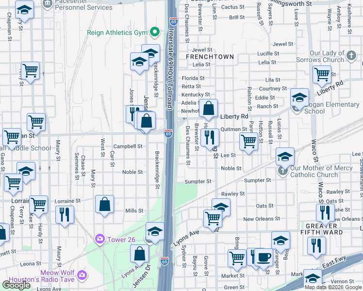map of restaurants, bars, coffee shops, grocery stores, and more near 3028 Campbell Street in Houston
