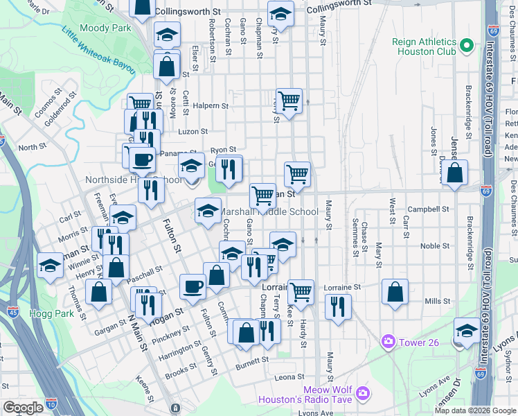 map of restaurants, bars, coffee shops, grocery stores, and more near 1415 Campbell Street in Houston
