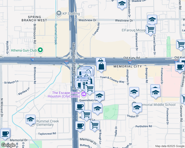 map of restaurants, bars, coffee shops, grocery stores, and more near 802 Town and Country Boulevard in Houston