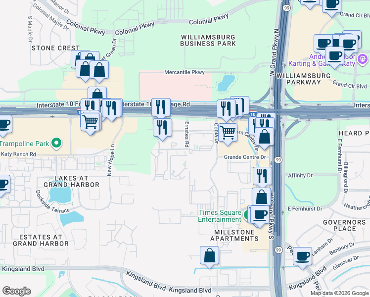 map of restaurants, bars, coffee shops, grocery stores, and more near 448-498 Ernstes Road in Katy