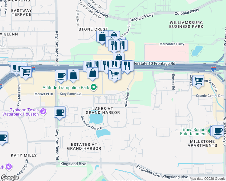 map of restaurants, bars, coffee shops, grocery stores, and more near 24413 Katy Ranch Road in Katy