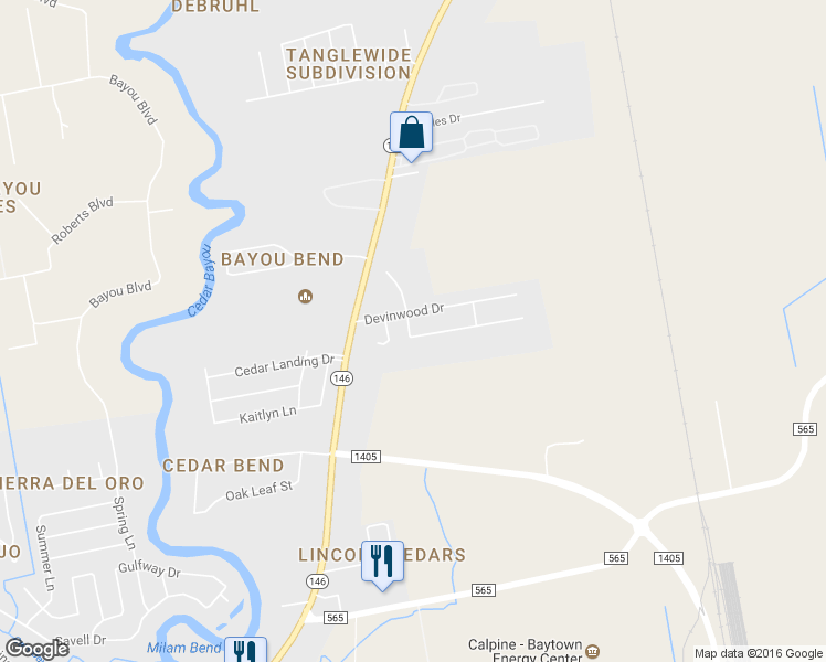 map of restaurants, bars, coffee shops, grocery stores, and more near 5914 Sandy Creek Drive in Baytown