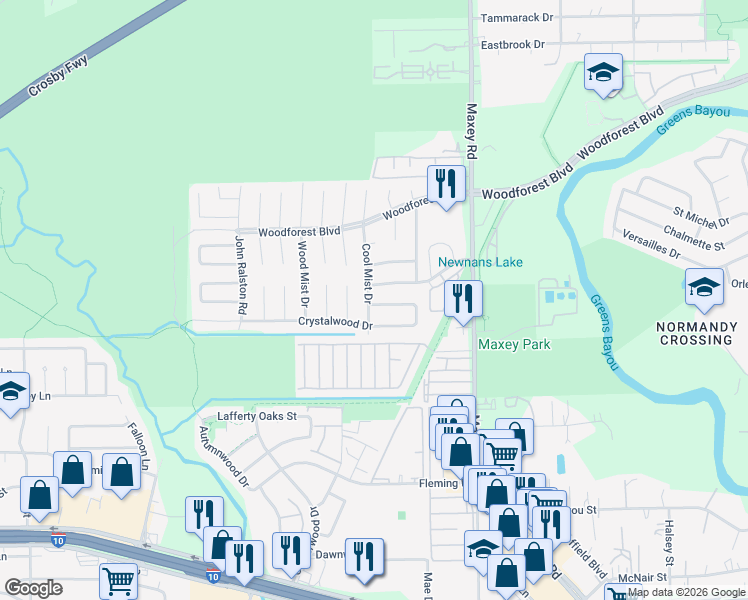 map of restaurants, bars, coffee shops, grocery stores, and more near 611 Cool Mist Drive in Houston