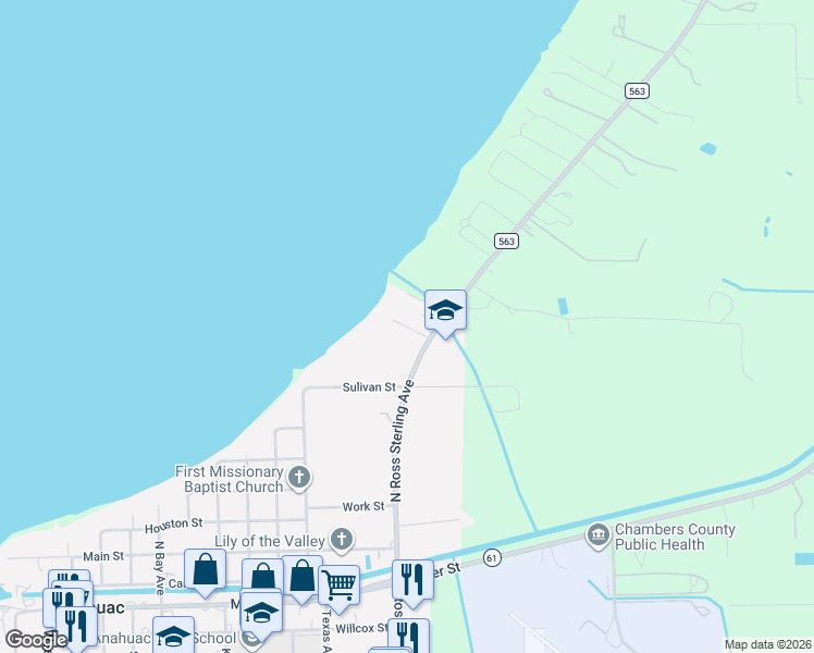 map of restaurants, bars, coffee shops, grocery stores, and more near 905 North Ross Sterling in Anahuac