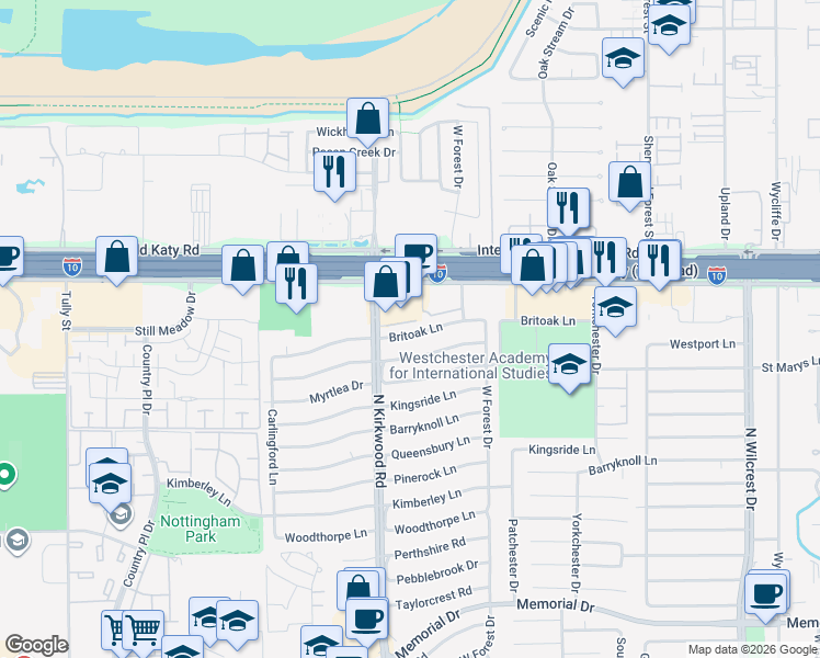 map of restaurants, bars, coffee shops, grocery stores, and more near 13918 Britoak Lane in Houston