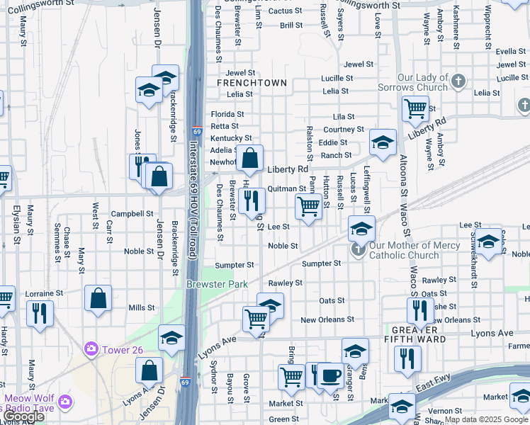 map of restaurants, bars, coffee shops, grocery stores, and more near 2216 Gregg Street in Houston