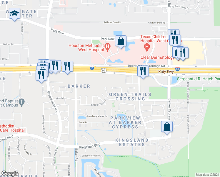 map of restaurants, bars, coffee shops, grocery stores, and more near 102 Townsend Mill Court in Houston