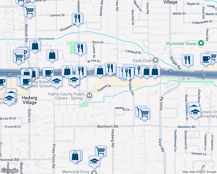 map of restaurants, bars, coffee shops, grocery stores, and more near 239 Gaylord Drive in Houston