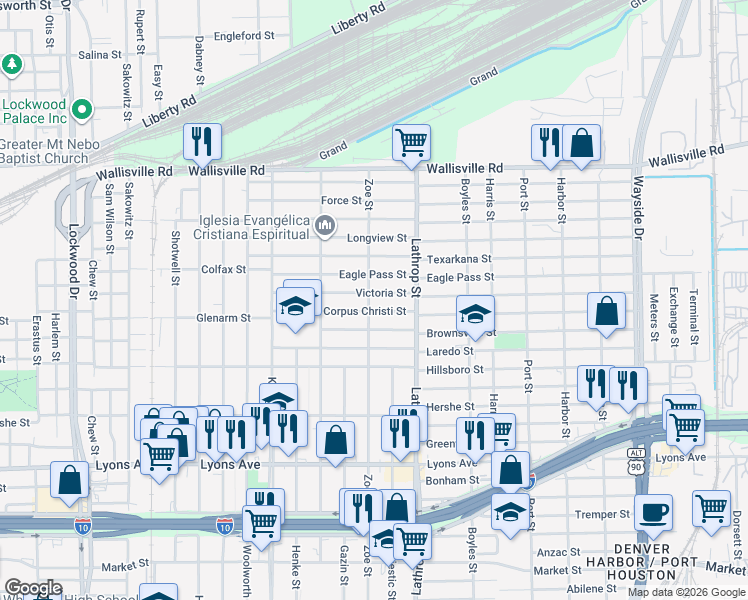 map of restaurants, bars, coffee shops, grocery stores, and more near 6715 Corpus Christi Street in Houston