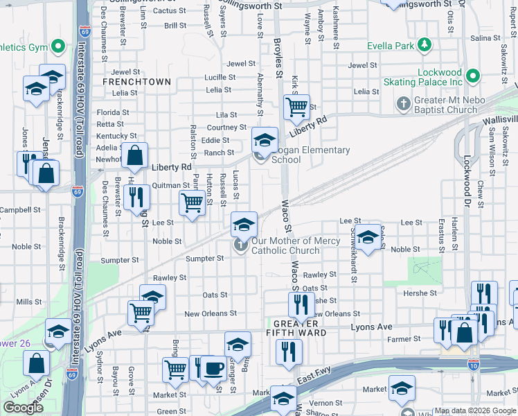 map of restaurants, bars, coffee shops, grocery stores, and more near 2215 Leffingwell Street in Houston