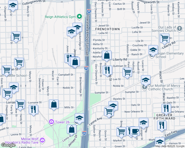 map of restaurants, bars, coffee shops, grocery stores, and more near 3028 Campbell Street in Houston