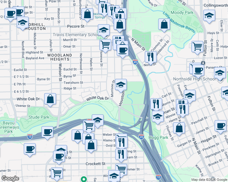 map of restaurants, bars, coffee shops, grocery stores, and more near 134 Vieux Carre Drive in Houston