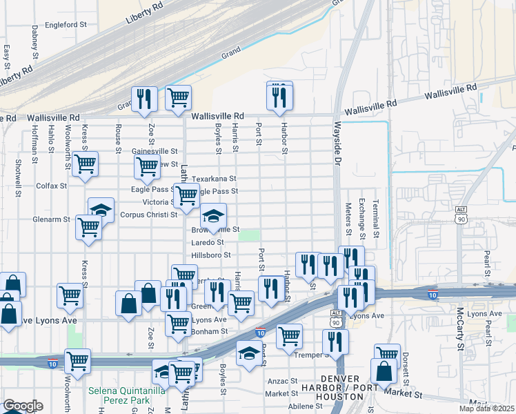 map of restaurants, bars, coffee shops, grocery stores, and more near 7232 Victoria Street in Houston