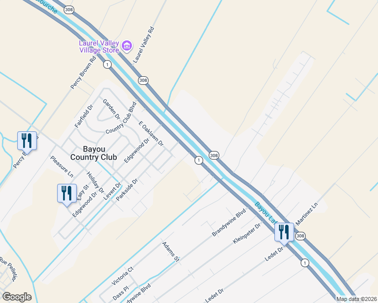 map of restaurants, bars, coffee shops, grocery stores, and more near 1050 Louisiana Highway 1 in Thibodaux