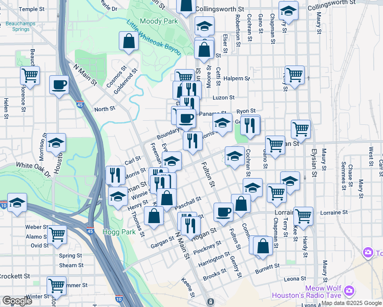 map of restaurants, bars, coffee shops, grocery stores, and more near 2318 Gentry Street in Houston